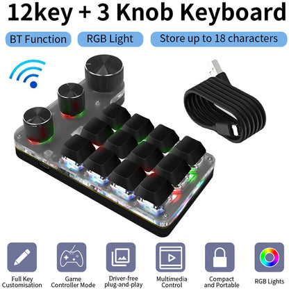 Bluetooth Programming Macro Custom 3 Knob Keyboard RGB 12 Key Copy Paste Photoshop Gaming Keypad Mechanical Hotswap Macropad