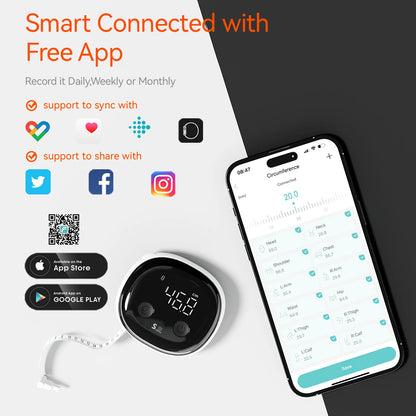Fitdays Smart Body Tape Measure,Retractable Bluetooth Fitdays APP Monitoring Body Fat BMI Tool for Fitness Shape & Weight Loss