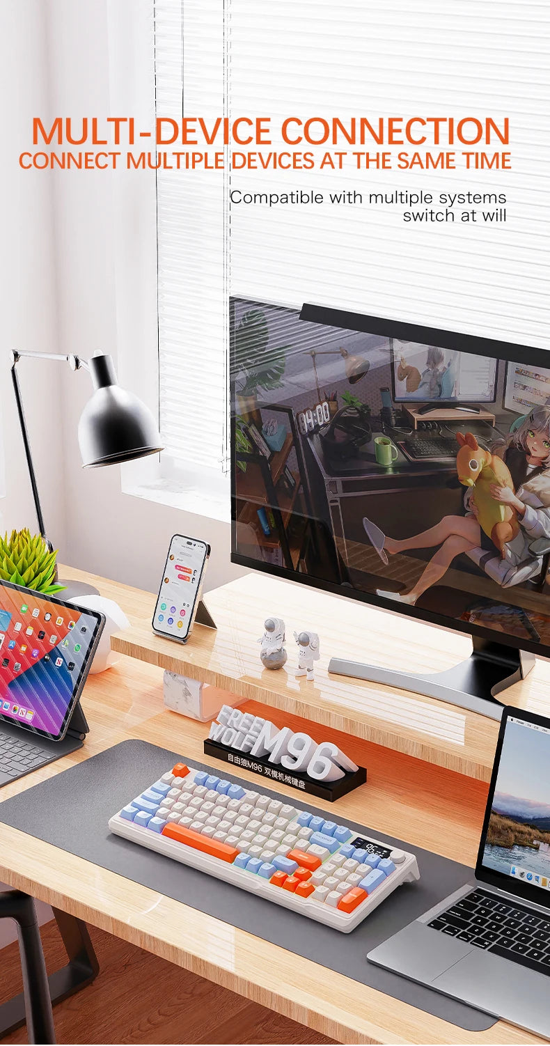 M96 Bluetooth Keyboard Wireless FREEWOLF Screen Gaming Keyboard,Electronic Screen, Multi-Device Connection,Ergonomics Gaming