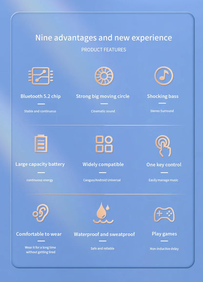 Wireless Bluetooth Earphones HIFI Bass With HD MIC Ear-Hook Earbuds Noise Cancelling Life Waterproof Game Sports Music Headsets