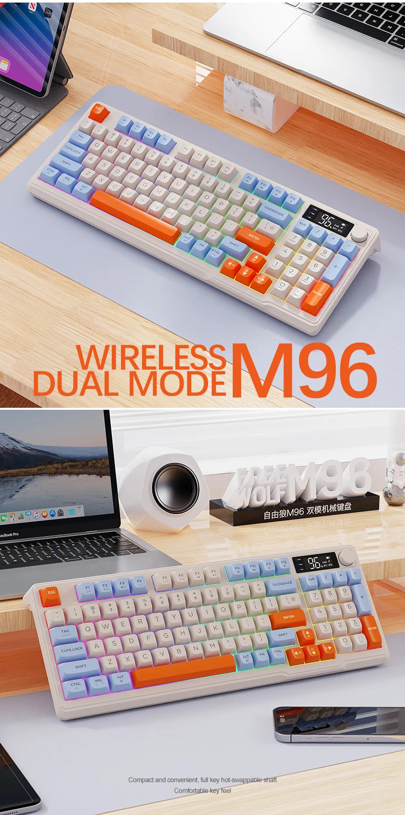 M96 Bluetooth Keyboard Wireless FREEWOLF Screen Gaming Keyboard,Electronic Screen, Multi-Device Connection,Ergonomics Gaming