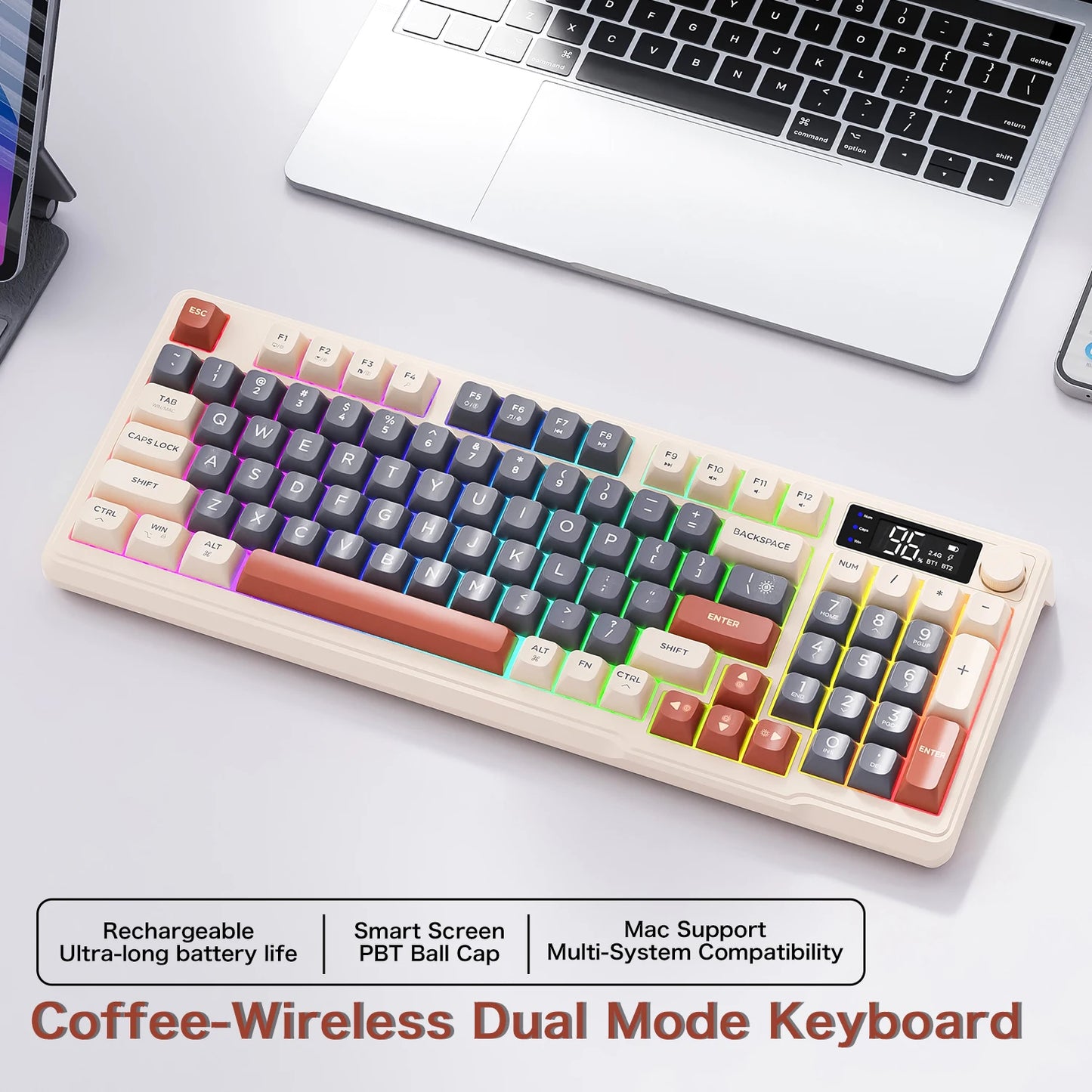 M96 Bluetooth Keyboard Wireless FREEWOLF Screen Gaming Keyboard,Electronic Screen, Multi-Device Connection,Ergonomics Gaming