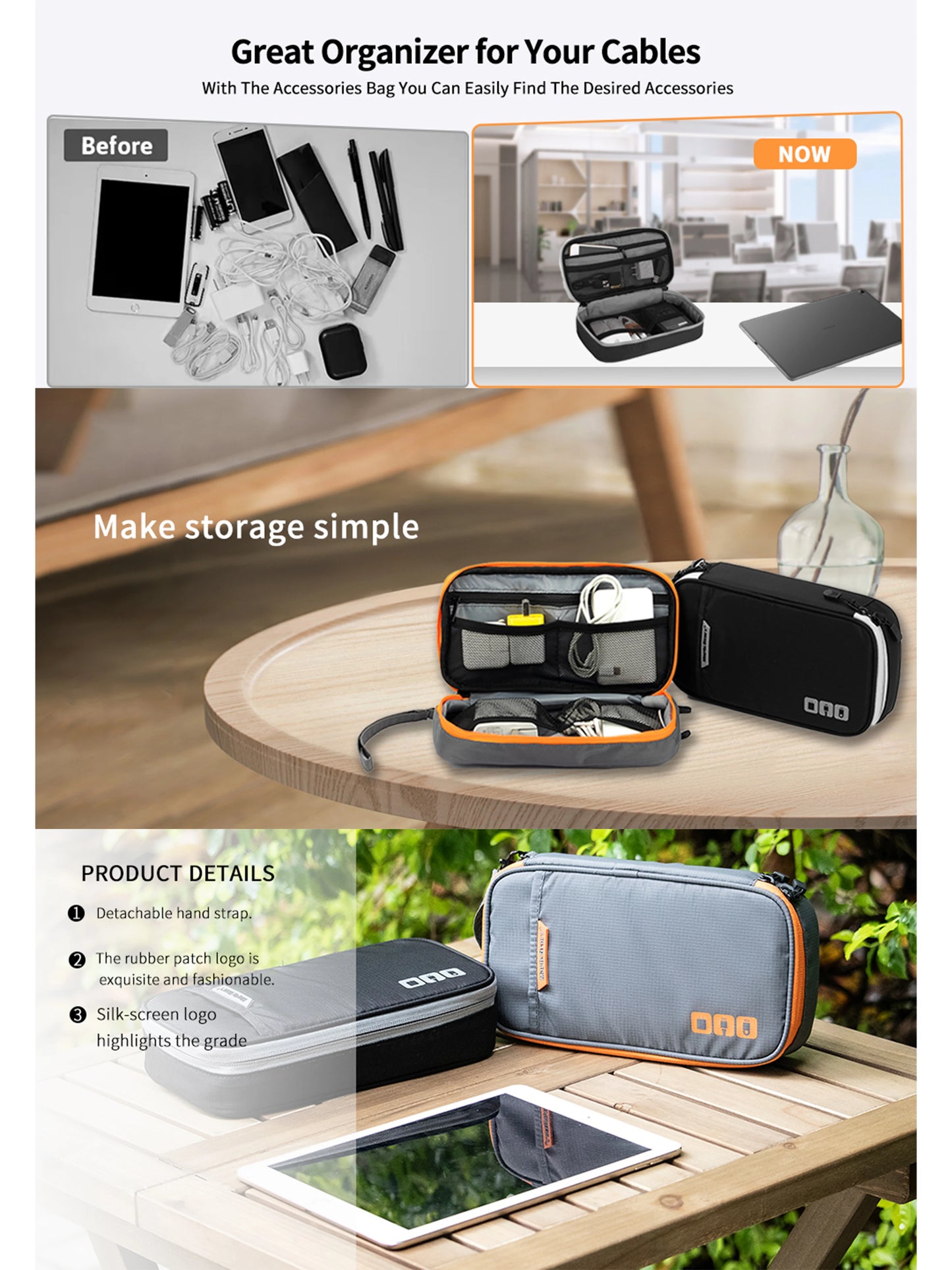 Portable Electronic Accessories Travel case,Cable Organizer Bag Gadget Carry Bag for iPad,Cables,Power,USB Flash Drive, Charger