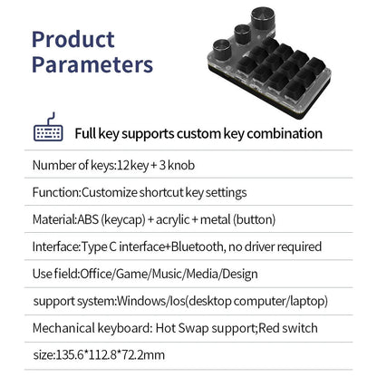 Bluetooth Programming Macro Custom 3 Knob Keyboard RGB 12 Key Copy Paste Photoshop Gaming Keypad Mechanical Hotswap Macropad